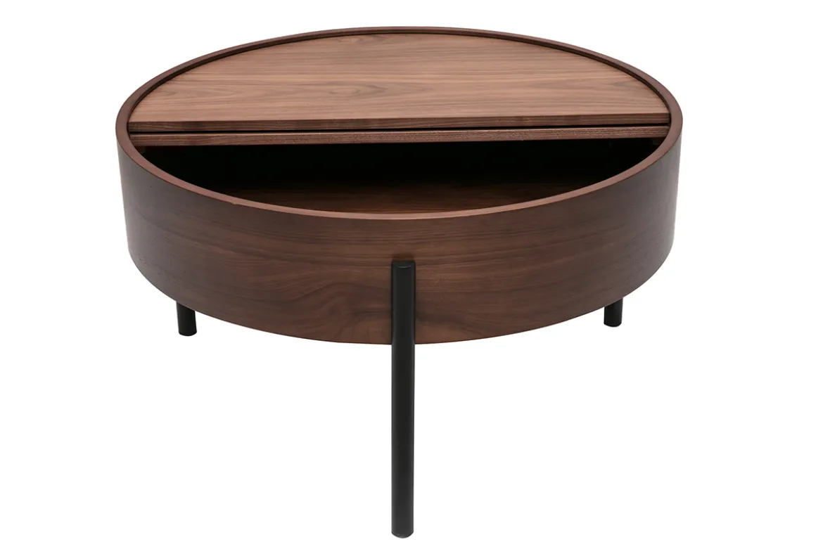Table basse ronde bois foncé noyer et métal noir avec plateau pivotant et rangement D80 cm YOLINE