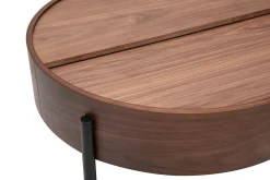 Table basse ronde bois foncé noyer et métal noir avec plateau pivotant et rangement D80 cm YOLINE