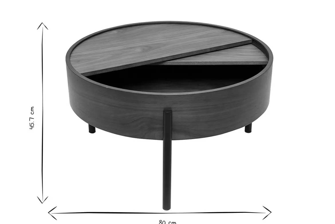 Table basse ronde bois foncé noyer et métal noir avec plateau pivotant et rangement D80 cm YOLINE