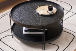 Table basse ronde design bois noir et métal noir D80 cm TWICE