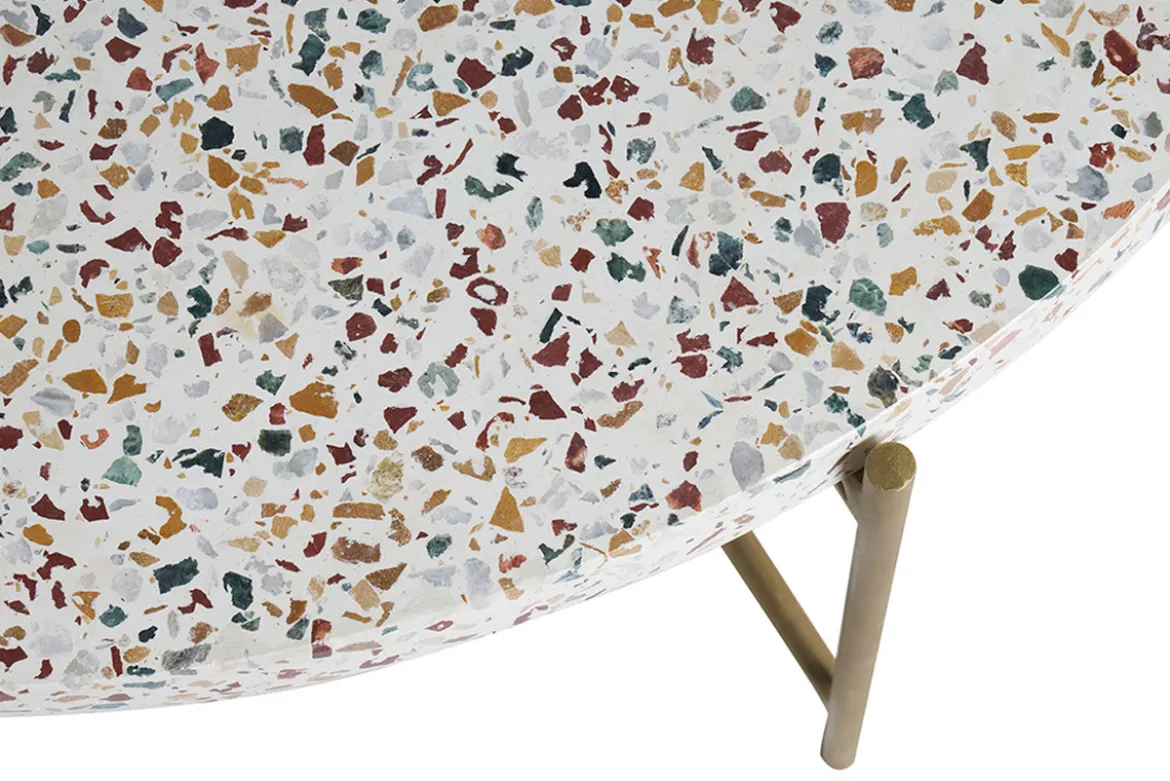Table basse ronde design en terrazzo et métal doré D81 cm MEZZO