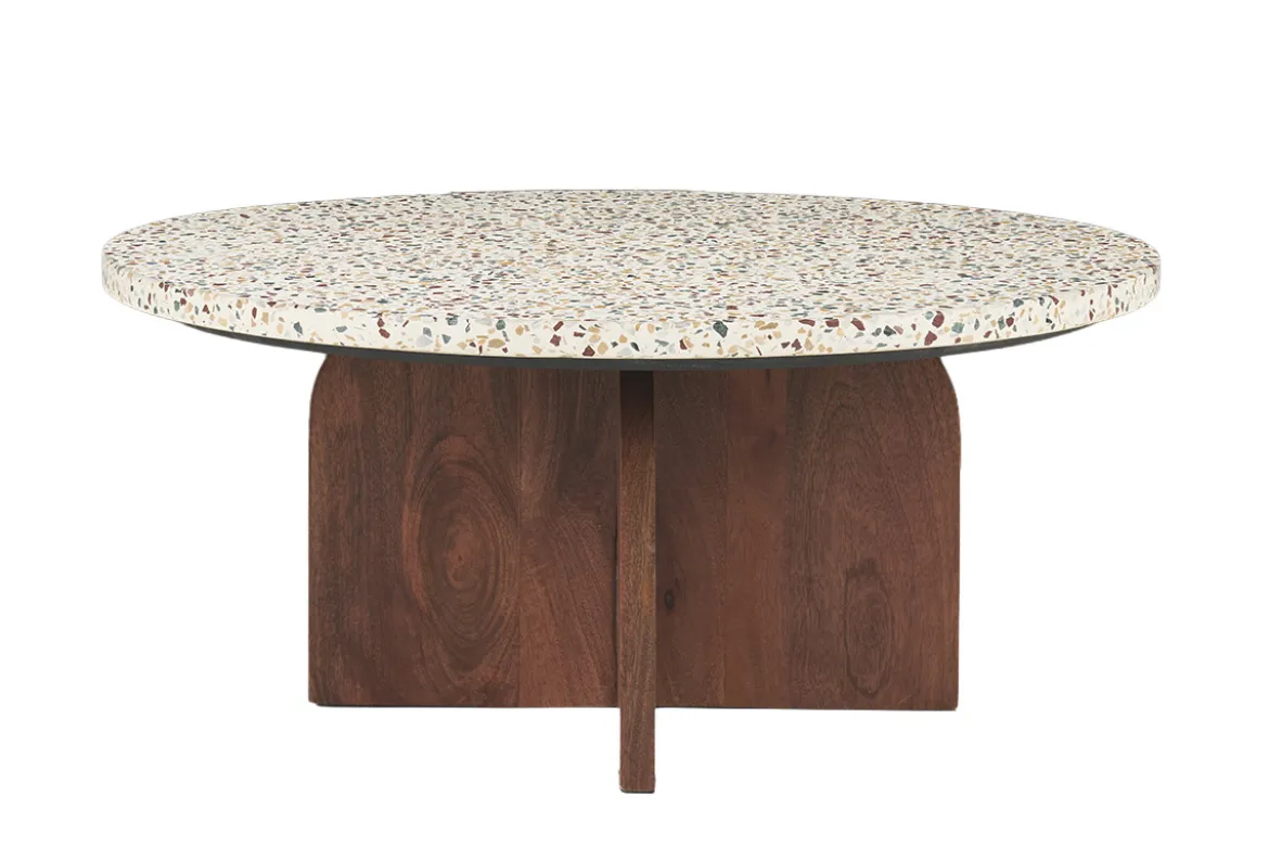 Table basse ronde en terrazzo et bois foncé manguier massif D79.5 cm NESSA