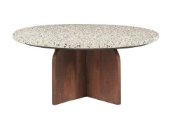 Table basse ronde en terrazzo et bois foncé manguier massif D79.5 cm NESSA