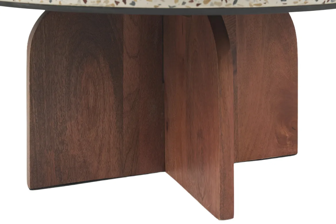Table basse ronde en terrazzo et bois foncé manguier massif D79.5 cm NESSA