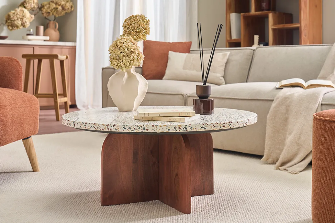 Table basse ronde en terrazzo et bois foncé manguier massif D79.5 cm NESSA
