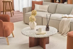 Table basse ronde en terrazzo et bois foncé manguier massif D79.5 cm NESSA