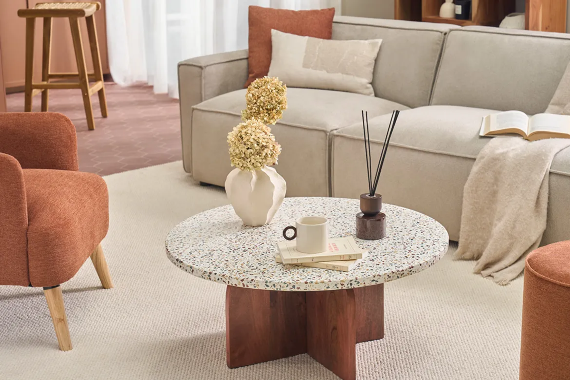 Table basse ronde en terrazzo et bois foncé manguier massif D79.5 cm NESSA