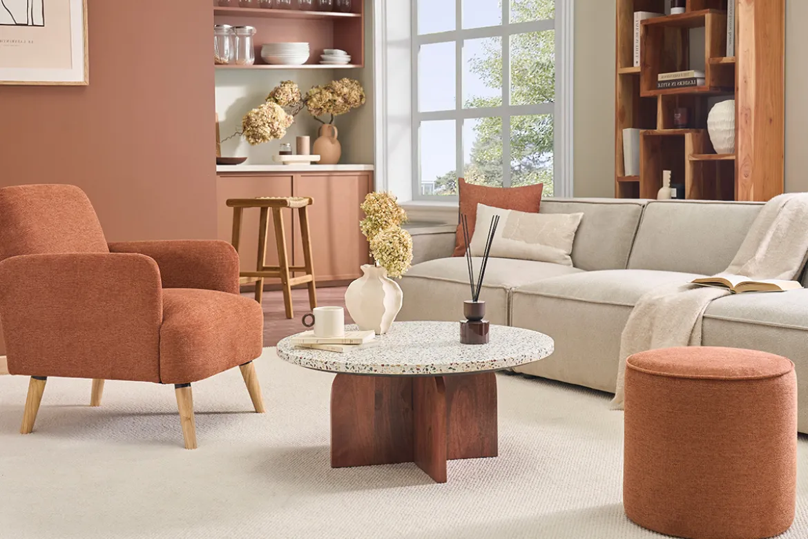 Table basse ronde en terrazzo et bois foncé manguier massif D79.5 cm NESSA