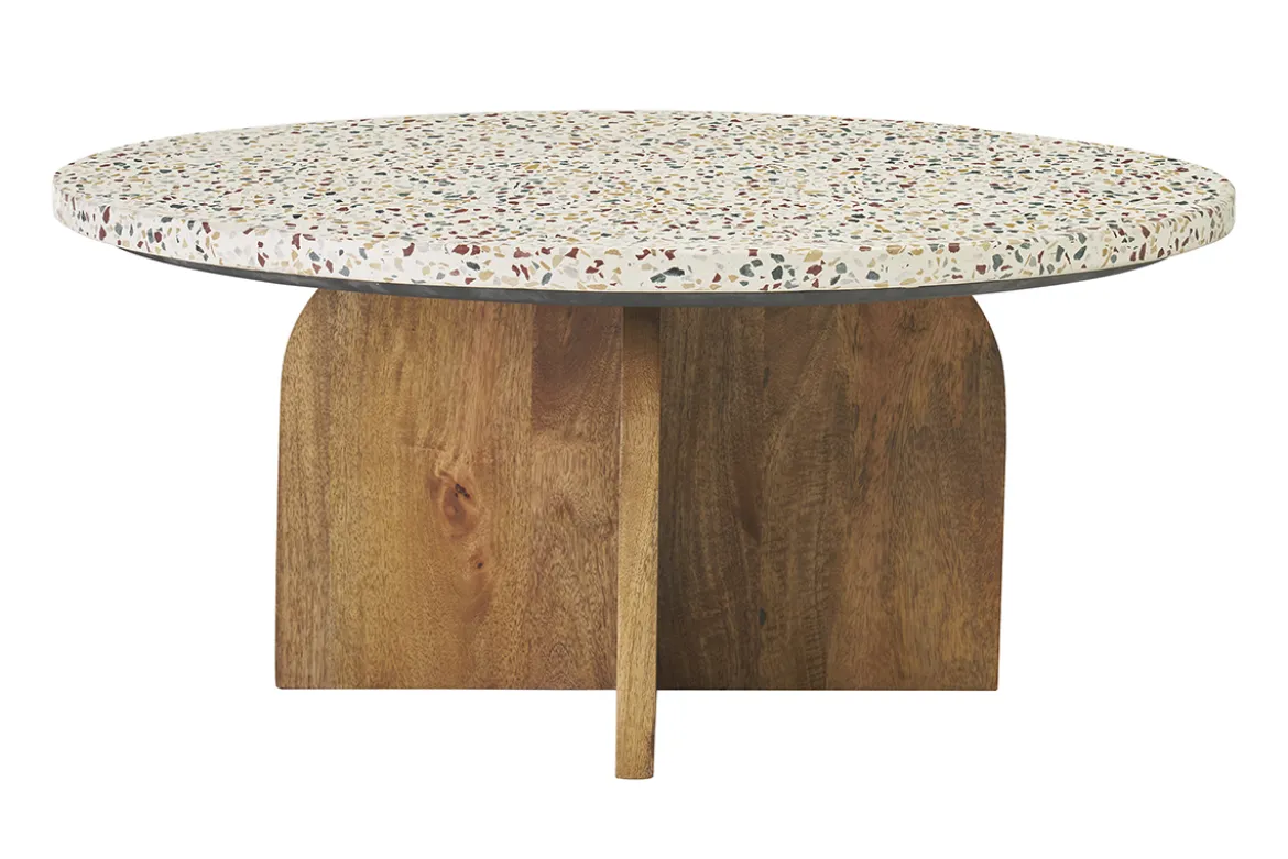 Table basse ronde en terrazzo et bois clair manguier massif D79.5 cm NESSA