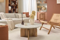 Table basse ronde en terrazzo et bois clair manguier massif D79.5 cm NESSA