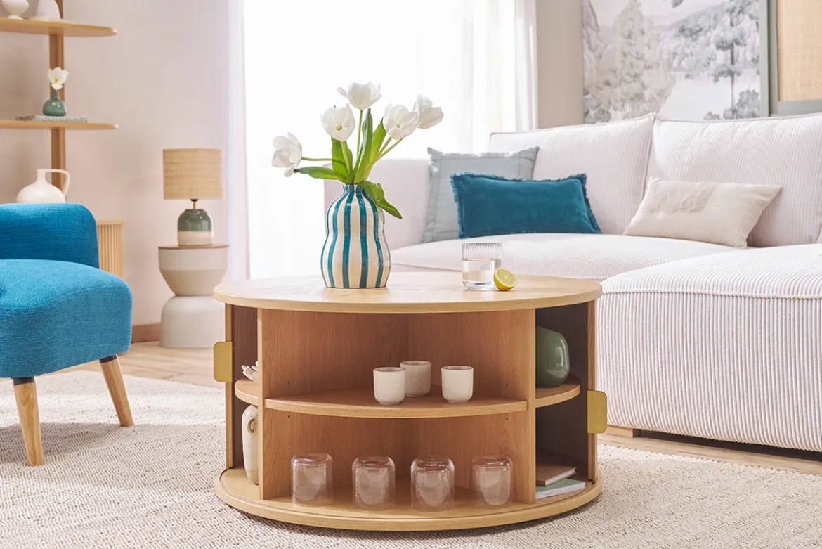 Table basse ronde finition bois clair chêne 2 portes coulissantes D80 cm EPIC