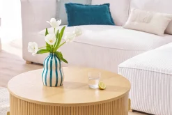 Table basse ronde finition bois clair chêne 2 portes coulissantes D80 cm EPIC