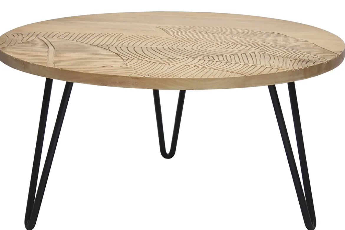 Table basse ronde gravée bois manguier massif et métal noir D80 cm VIBES