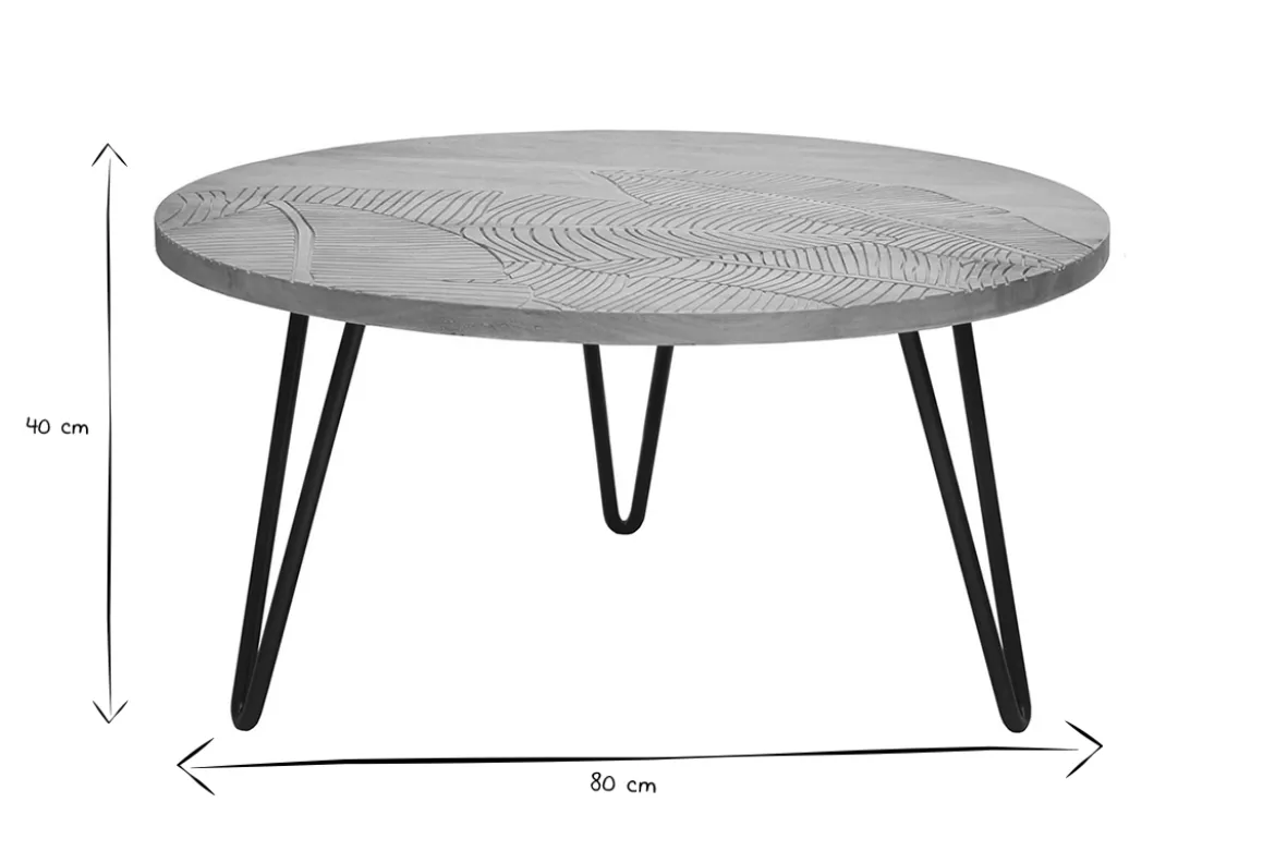 Table basse ronde gravée bois manguier massif et métal noir D80 cm VIBES