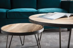 Table basse ronde industrielle bois manguier massif et métal noir D50 cm ATELIER