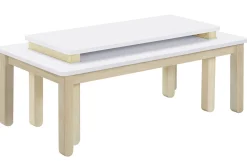 Table basse scandinave avec banc intégré blanc et bois clair L110 cm CYBEL