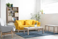 Table basse scandinave avec banc intégré blanc et bois clair L110 cm CYBEL