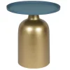 Table d'appoint design ronde en métal doré et plateau bleu pétrole mat RAMSES