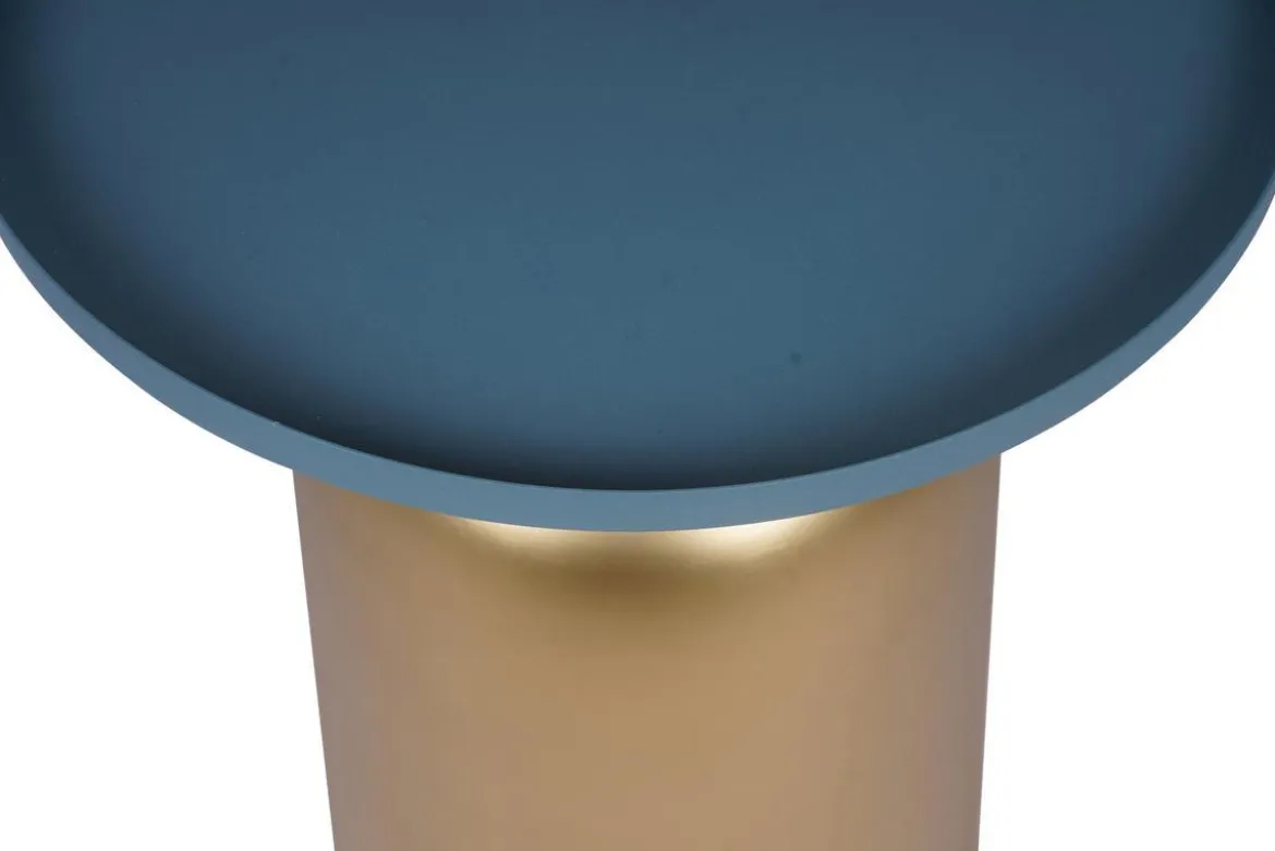 Table d'appoint design ronde en métal doré et plateau bleu pétrole mat RAMSES