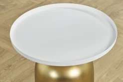 Table d'appoint design ronde en métal doré et plateau blanc mat RAMSES