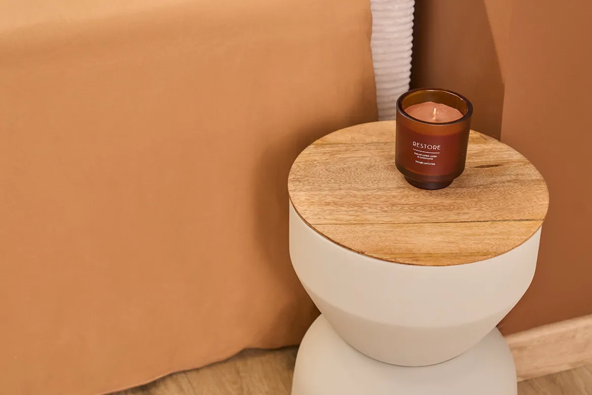 Table d'appoint ronde design avec rangement en métal grège et bois manguier massif D30 cm YOYO