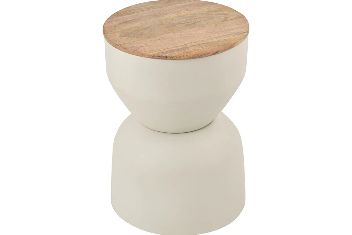 Table d'appoint ronde design avec rangement en métal grège et bois manguier massif D30 cm YOYO