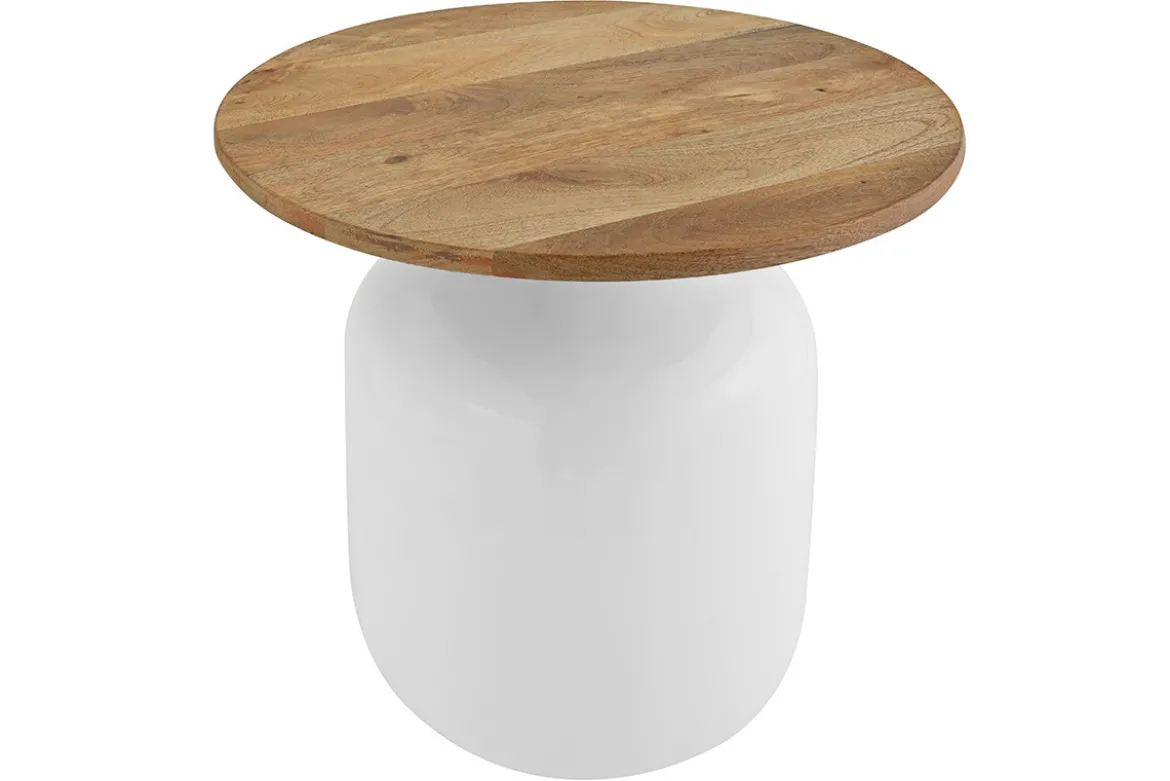 Table d'appoint ronde design blanche et bois manguier massif H49 cm VERONA