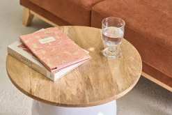 Table d'appoint ronde design blanche et bois manguier massif H49 cm VERONA