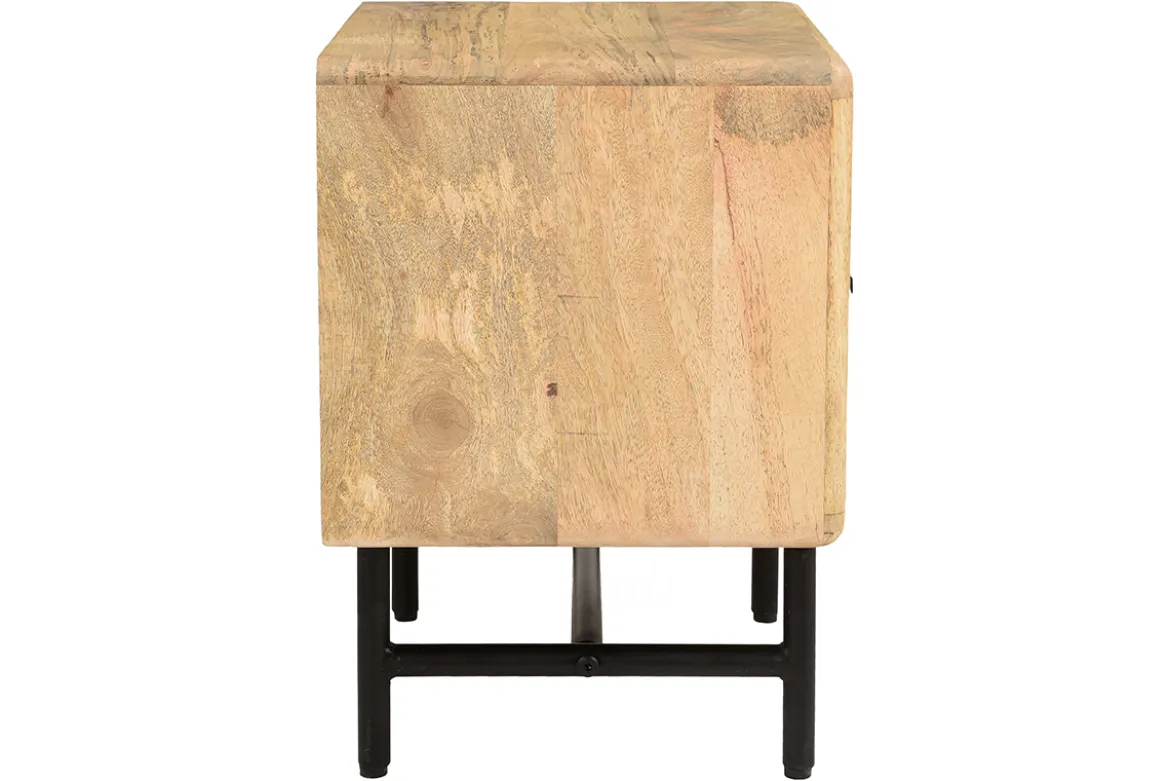 Table de chevet avec rangements bois manguier massif gravé et métal noir MORISSON