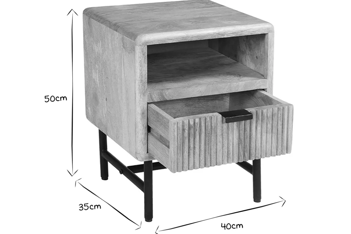 Table de chevet avec rangements bois manguier massif gravé et métal noir MORISSON