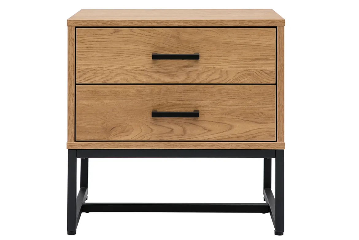 Table de chevet avec rangements 2 tiroirs finition bois clair chêne et métal noir LOVATO