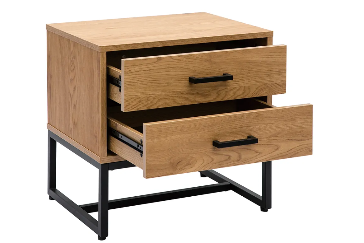 Table de chevet avec rangements 2 tiroirs finition bois clair chêne et métal noir LOVATO