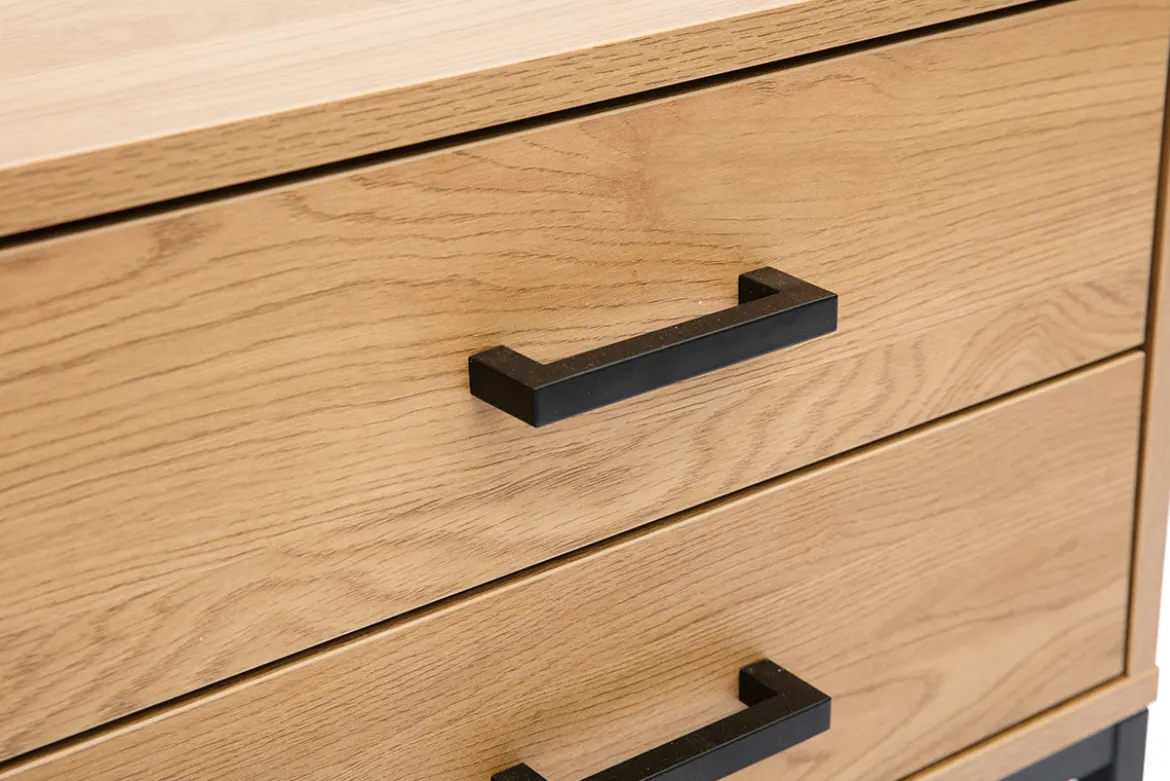 Table de chevet avec rangements 2 tiroirs finition bois clair chêne et métal noir LOVATO