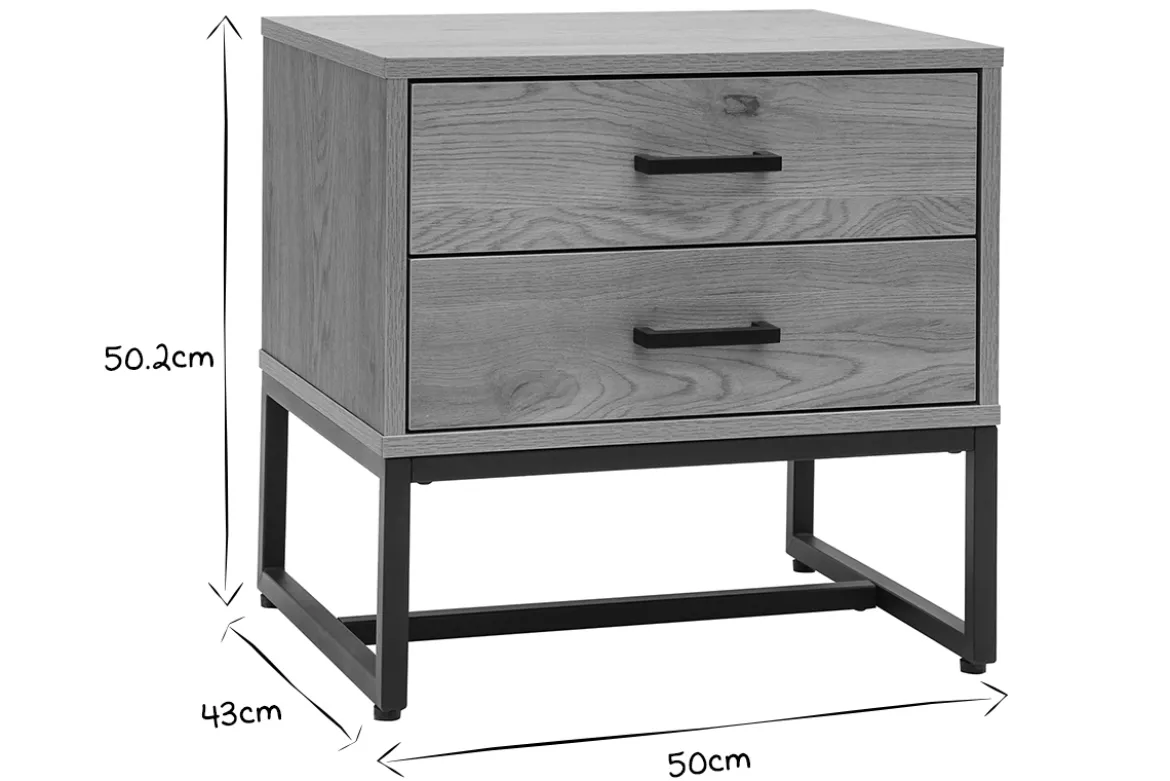 Table de chevet avec rangements 2 tiroirs finition bois clair chêne et métal noir LOVATO