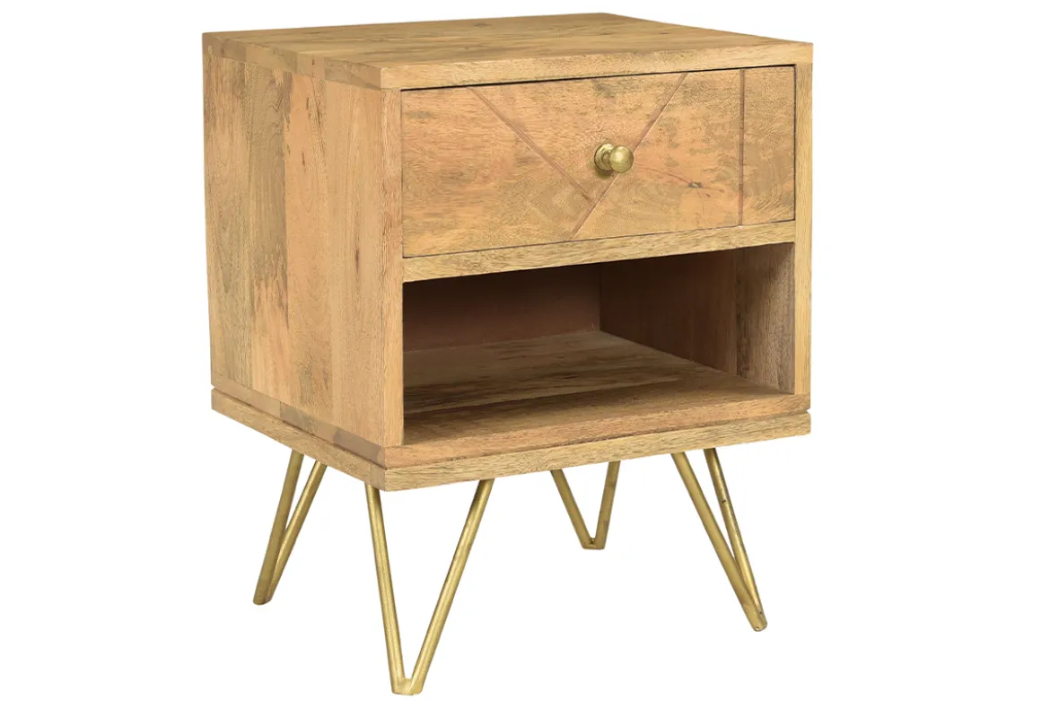 Table de chevet avec rangements bois manguier massif gravé et métal doré LINIUM