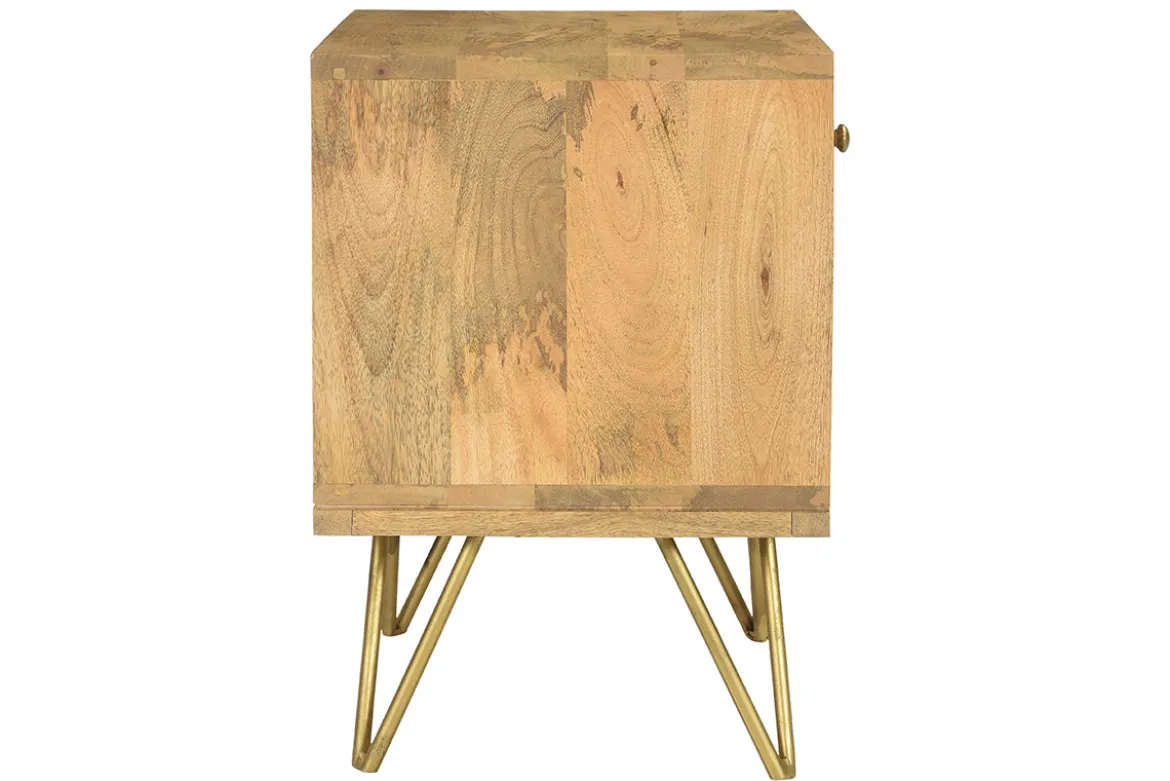 Table de chevet avec rangements bois manguier massif gravé et métal doré LINIUM