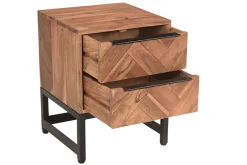 Table de chevet avec rangements 2 tiroirs à motifs chevrons en bois massif et métal noir STICK