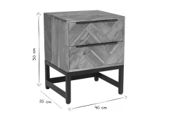 Table de chevet avec rangements 2 tiroirs à motifs chevrons en bois massif et métal noir STICK