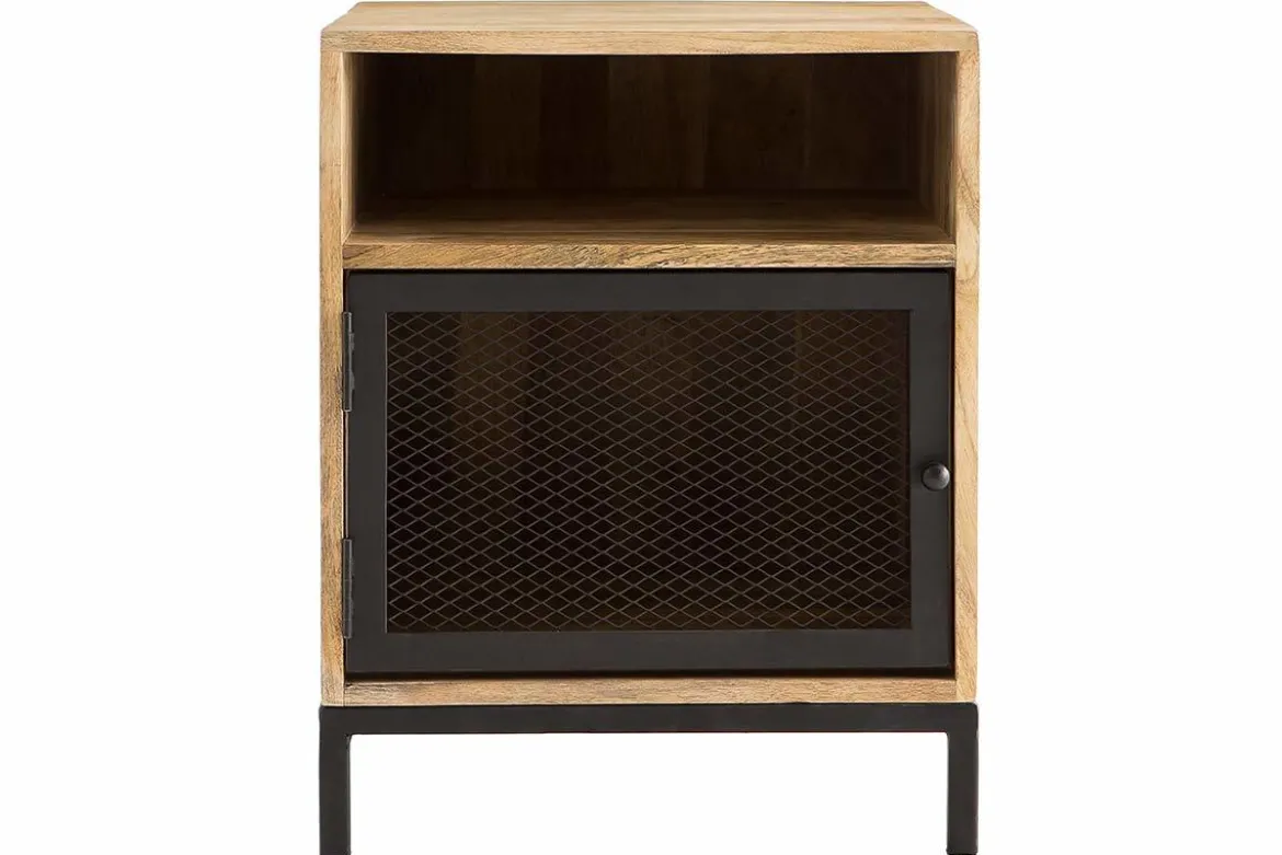 Table de chevet avec rangements industriel bois manguier massif et métal perforé RACK