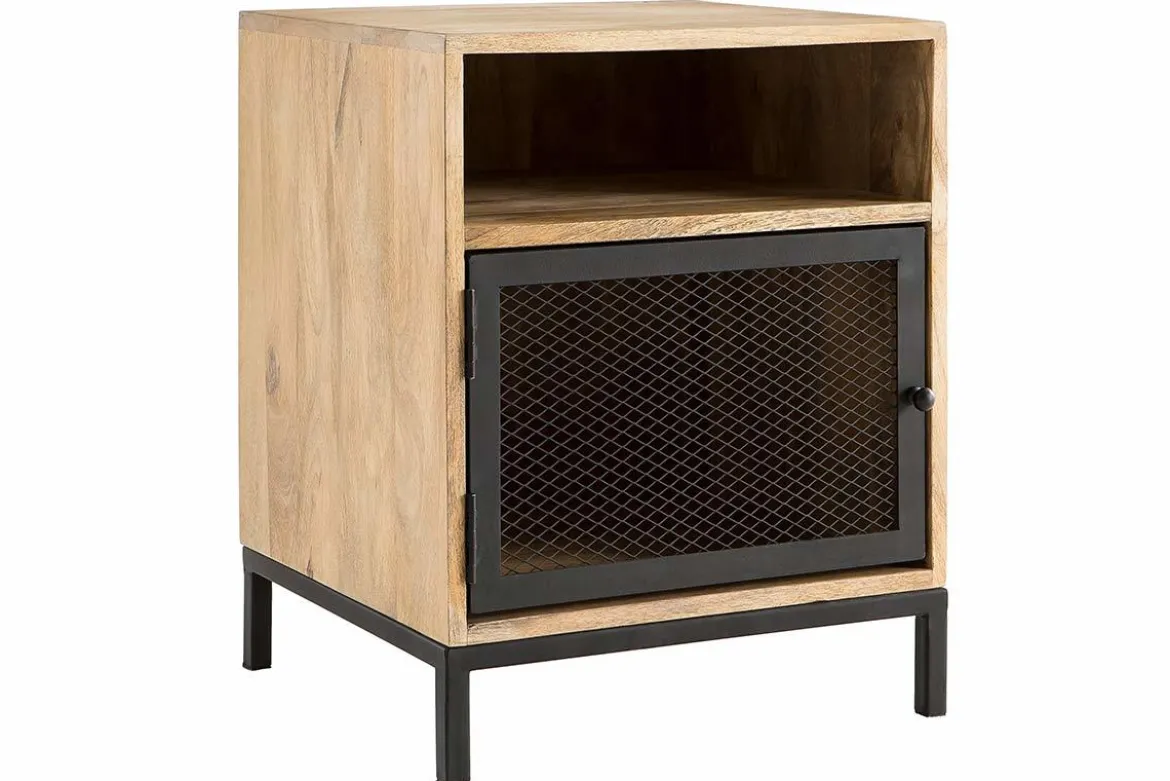 Table de chevet avec rangements industriel bois manguier massif et métal perforé RACK