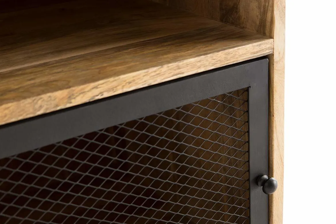 Table de chevet avec rangements industriel bois manguier massif et métal perforé RACK