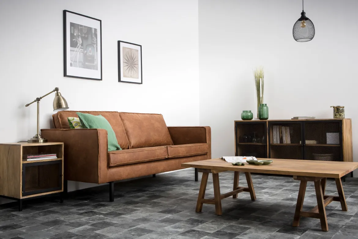 Table de chevet avec rangements industriel bois manguier massif et métal perforé RACK