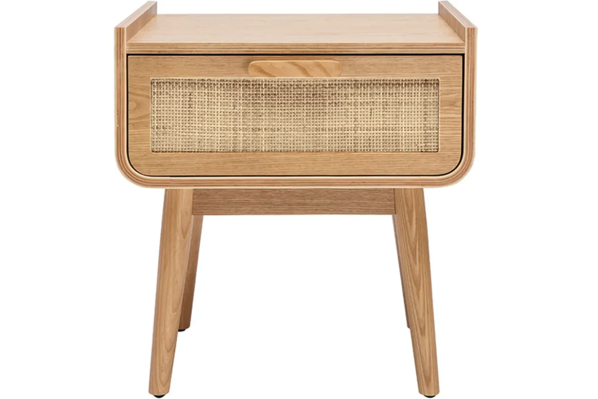 Table de chevet avec tiroir en bois clair frêne et cannage rotin ATHÈNE