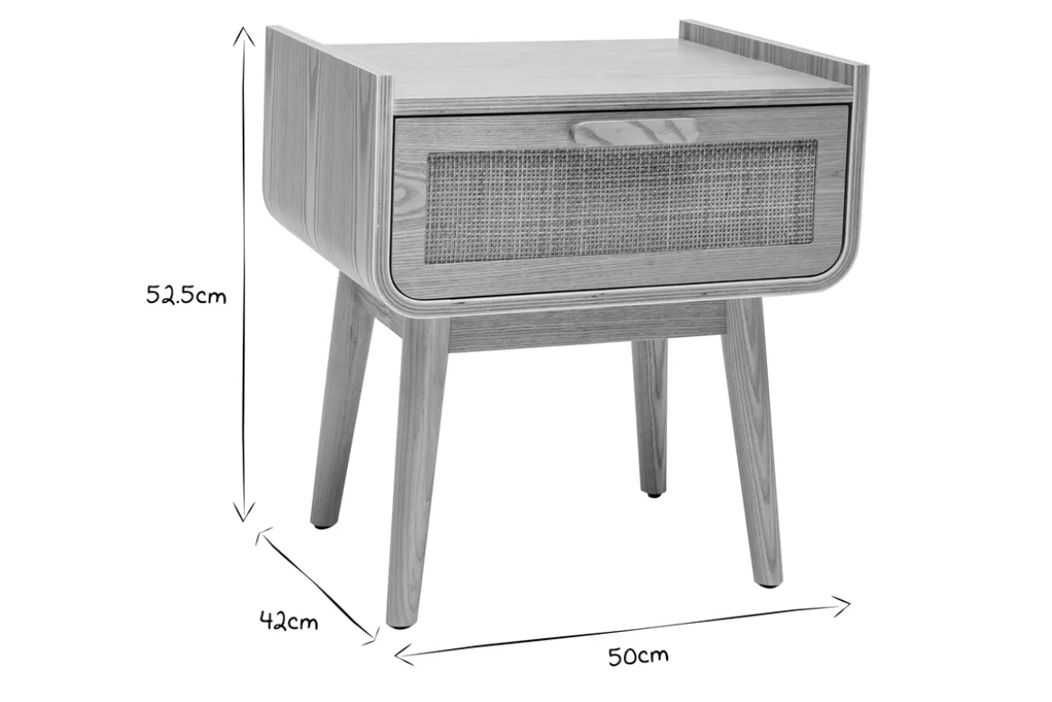 Table de chevet avec tiroir en bois clair frêne et cannage rotin ATHÈNE