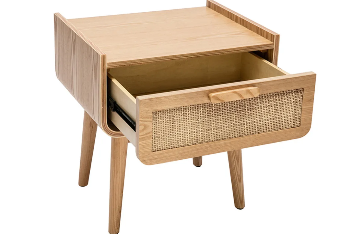 Table de chevet avec tiroir en bois clair frêne et cannage rotin ATHÈNE