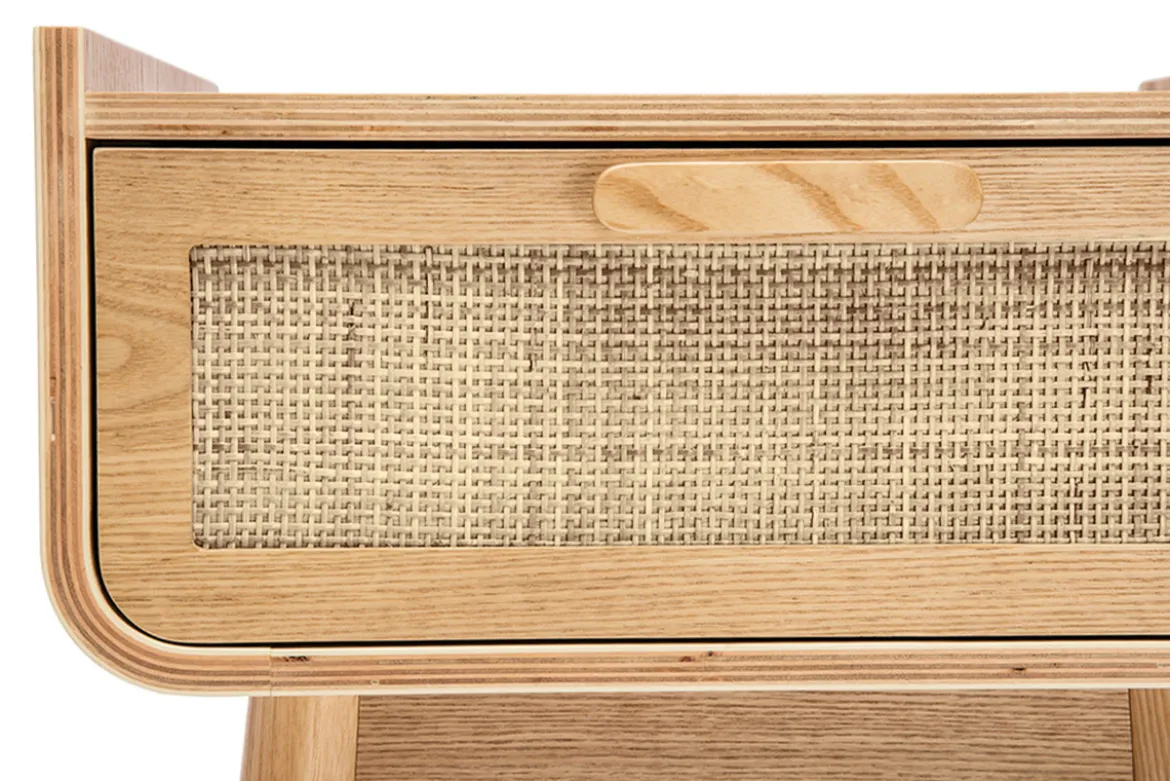 Table de chevet avec tiroir en bois clair frêne et cannage rotin ATHÈNE