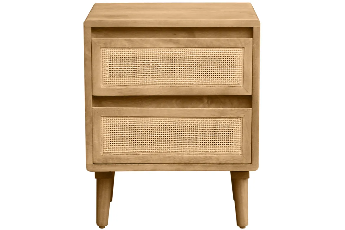 Table de chevet en bois manguier massif et cannage rotin avec rangements 2 tiroirs ACANGE