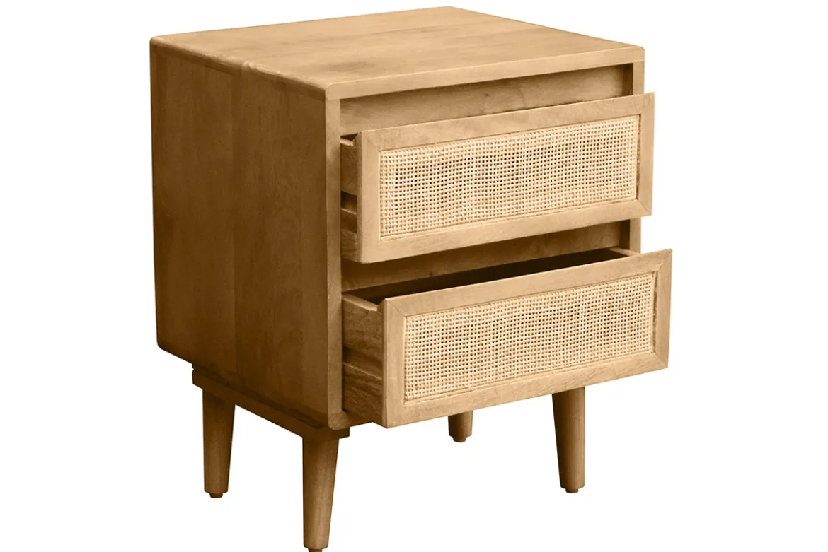 Table de chevet en bois manguier massif et cannage rotin avec rangements 2 tiroirs ACANGE