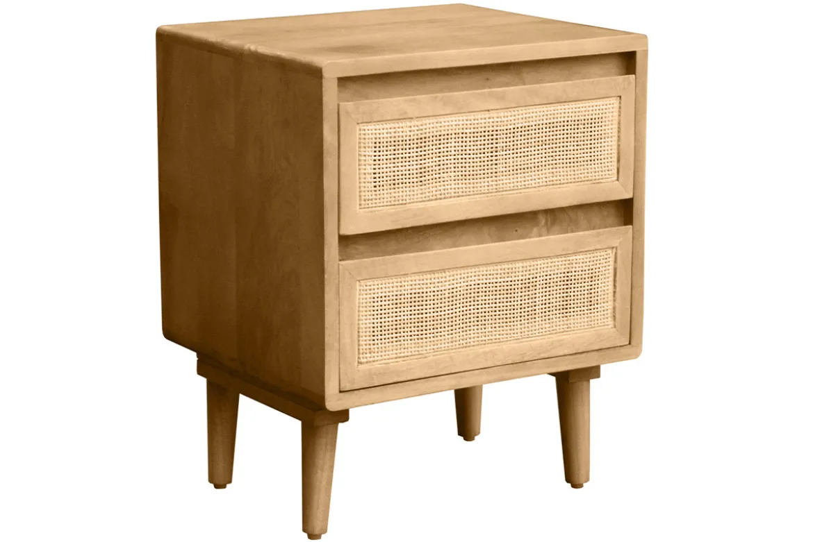 Table de chevet en bois manguier massif et cannage rotin avec rangements 2 tiroirs ACANGE