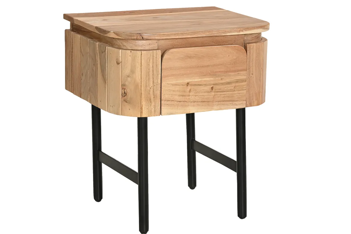 Table de chevet en bois massif et métal noir avec tiroir NAPOLI